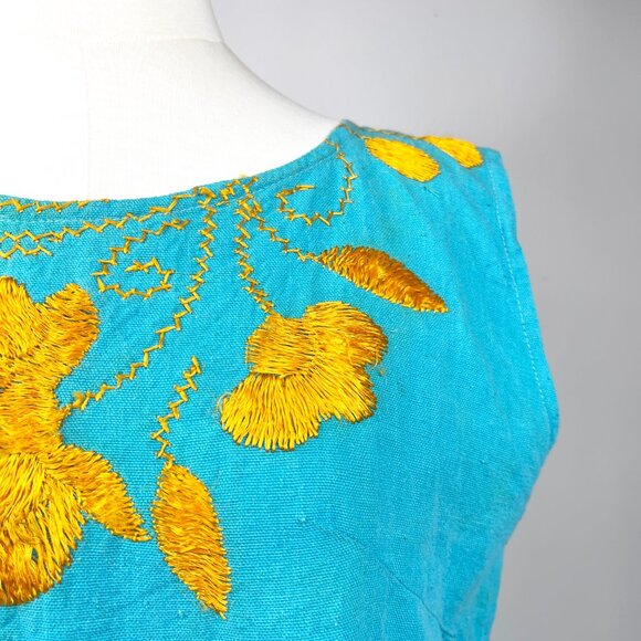 Vintage Boho Summer Shift Dress – Hand Embroidered Orange Floral with Fringe Hem - Picture 7 of 12